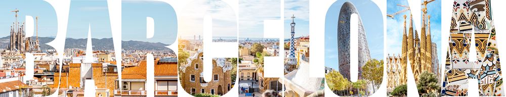 Barcelona-Schriftzug, gefüllt mit Fotos von Sehenswürdigkeiten aus der Stadt (Quelle: iSstock)