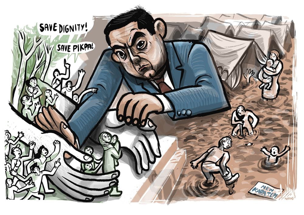 Eine Karikatur von der Räumung des Pikpa Camps durch einen griechischen Minister (Quelle: Yorgos Konstaninou) Eine Karikatur von der Räumung des Pikpa Camps durch einen griechischen Minister (Quelle: Yorgos Konstaninou)
