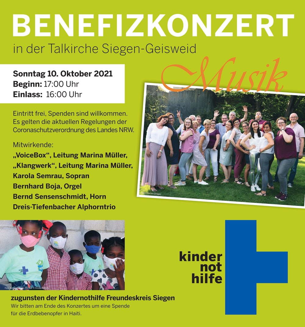 Plakat vom Benefizkonzert des AK Siegen in der Talkirche Geisweid am 10. Oktober 2021 um 17 Uhr.