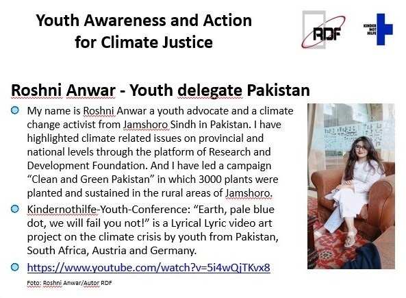 Screenshot von der pakistanischen Delegierten Roshni Anwar beim Weltklimagipfel 