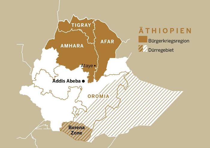 Die Landkarte von Äthiopien zeigt die Oromia-Region und die Amhara-Region. Hier leistet die Kindernothilfe humanitäre Hilfe für Opfer von Bürgerkrieg und Dürre.