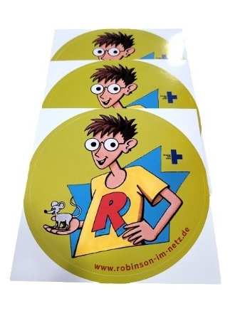 Runder Aufkleber mit Robinson-Motiv (Quelle: Peter Laux) Runder Aufkleber mit Robinson-Motiv (Quelle: Peter Laux)