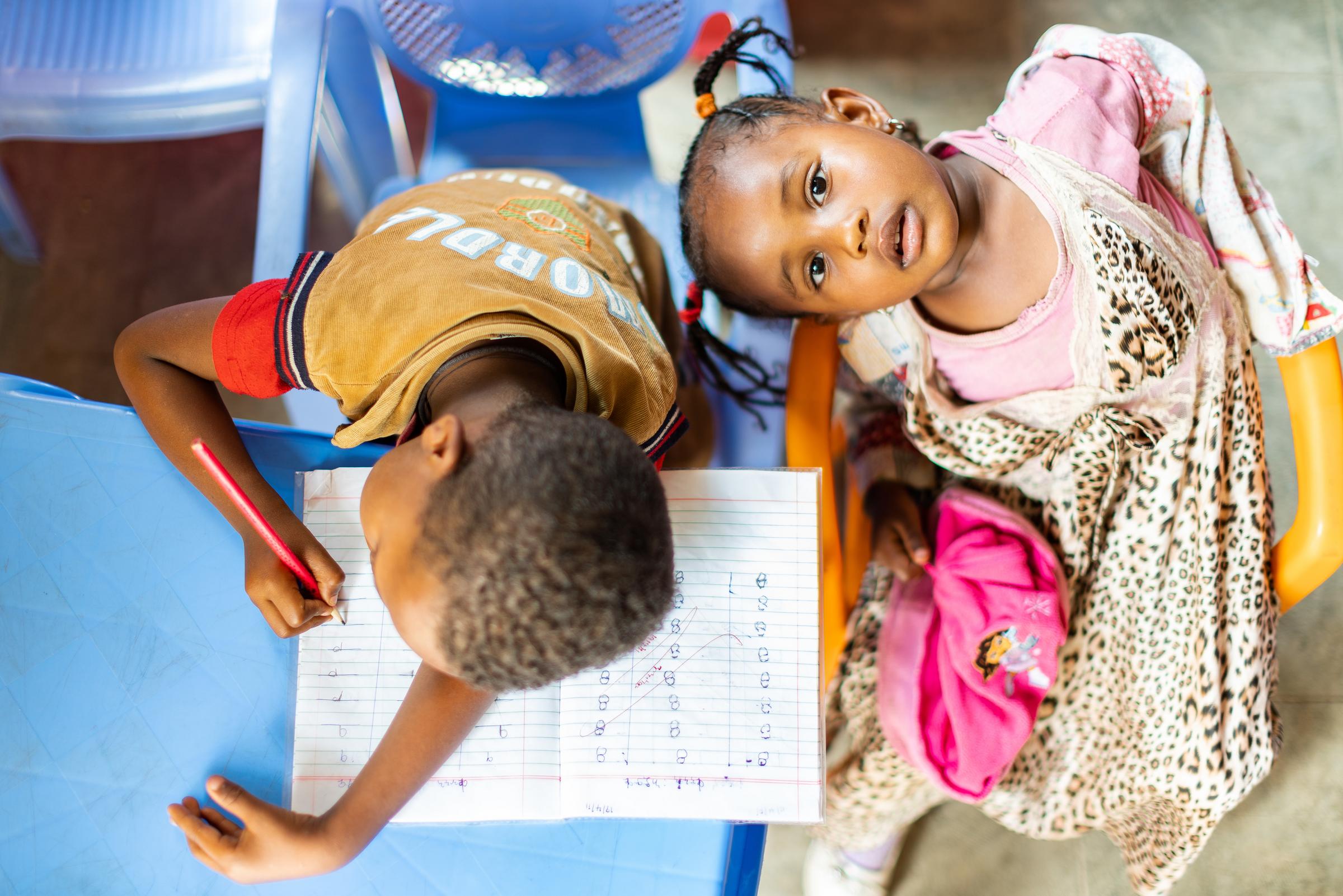 Junge lehnt auf dem Tisch, Mädchen neben ihm guckt in die Kamera (Quelle: Jakob Studnar)