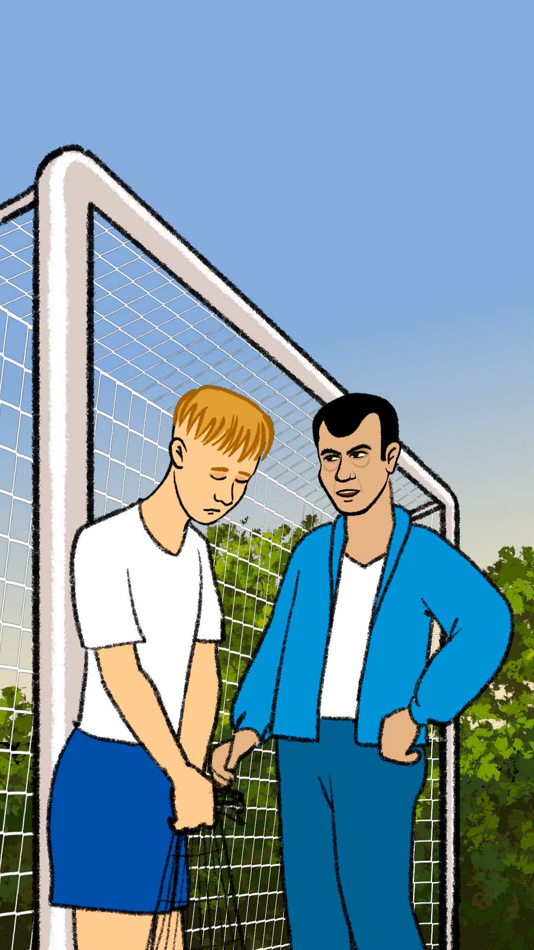 Animiertes Bild von einem Jugendlichen, der traurig auf den Boden schaut und seinem Trainer, der ihn anschreit (Foto: Kindernothilfe) Animiertes Bild von einem Jugendlichen, der traurig auf den Boden schaut und seinem Trainer, der ihn anschreit (Foto: Kindernothilfe)