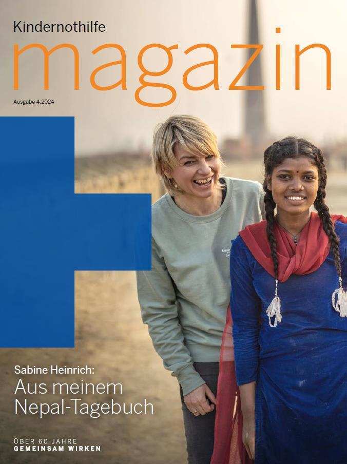 Titelbild des Kindernothilfe-Magazins 4/2024 mit Sabine Heinrich und einem nepalesischen Mädchen (Quelle: Jakob Studnar) Titelbild des Kindernothilfe-Magazins 4/2024 mit Sabine Heinrich und einem nepalesischen Mädchen (Quelle: Jakob Studnar)