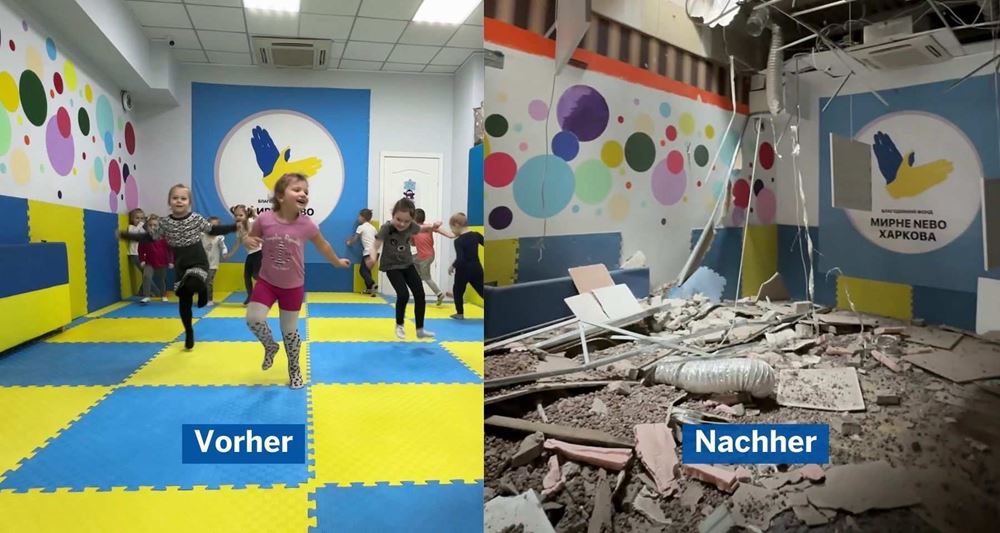 Vorher/Nachher Drohneneinschlag im Kinderschutzzentrum von Myrne Nebom Kharkiv Ukraine Vorher/Nachher Drohneneinschlag im Kinderschutzzentrum von Myrne Nebom Kharkiv Ukraine