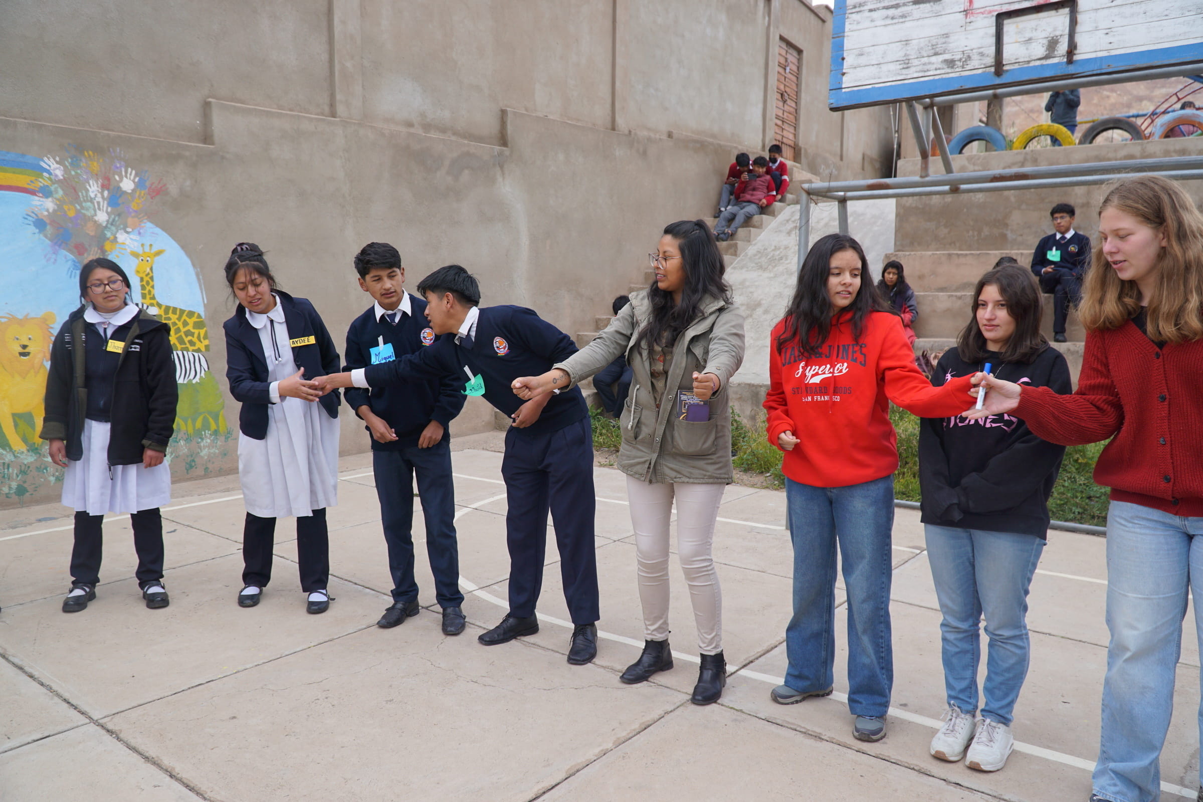 Schülerinnen und Schüler aus Bolivien und Deutschland stehen in einer Reihe zusammen auf einem Schulhof in Bolivien und unterhalten sich (Foto: privat) Schülerinnen und Schüler aus Bolivien und Deutschland stehen in einer Reihe zusammen auf einem Schulhof in Bolivien und unterhalten sich (Foto: privat)