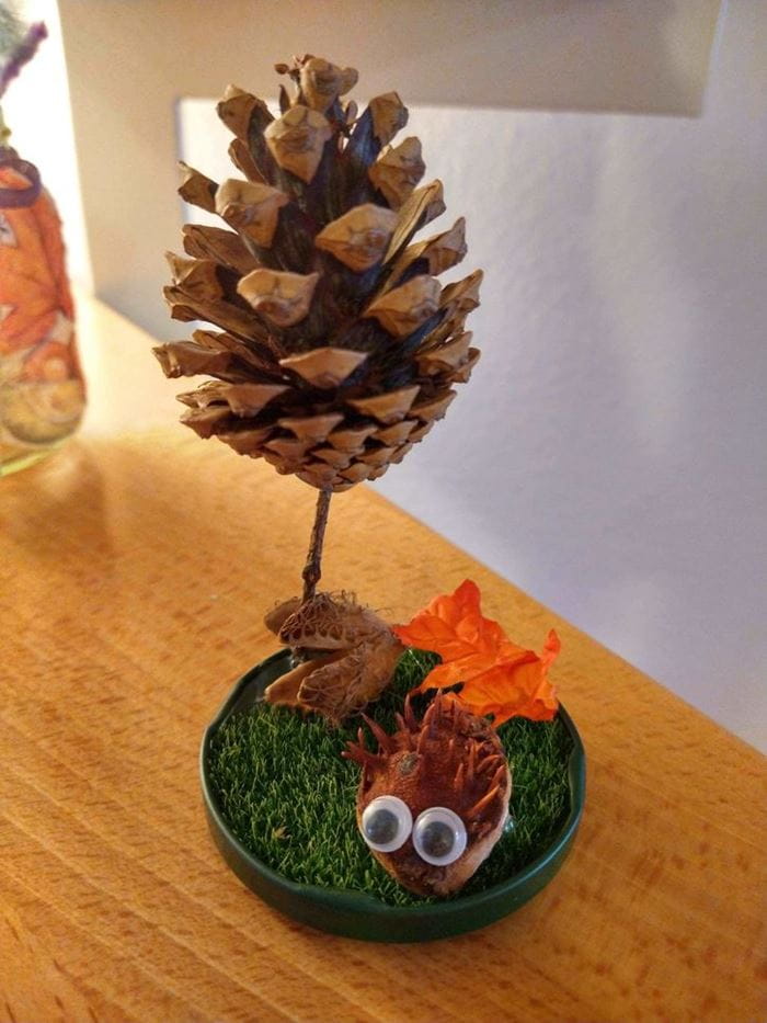 Ein Kiefernzapfen und ein kleiner selbst gebastelter Igel (Quelle: privat) Ein Kiefernzapfen und ein kleiner selbst gebastelter Igel (Quelle: privat)