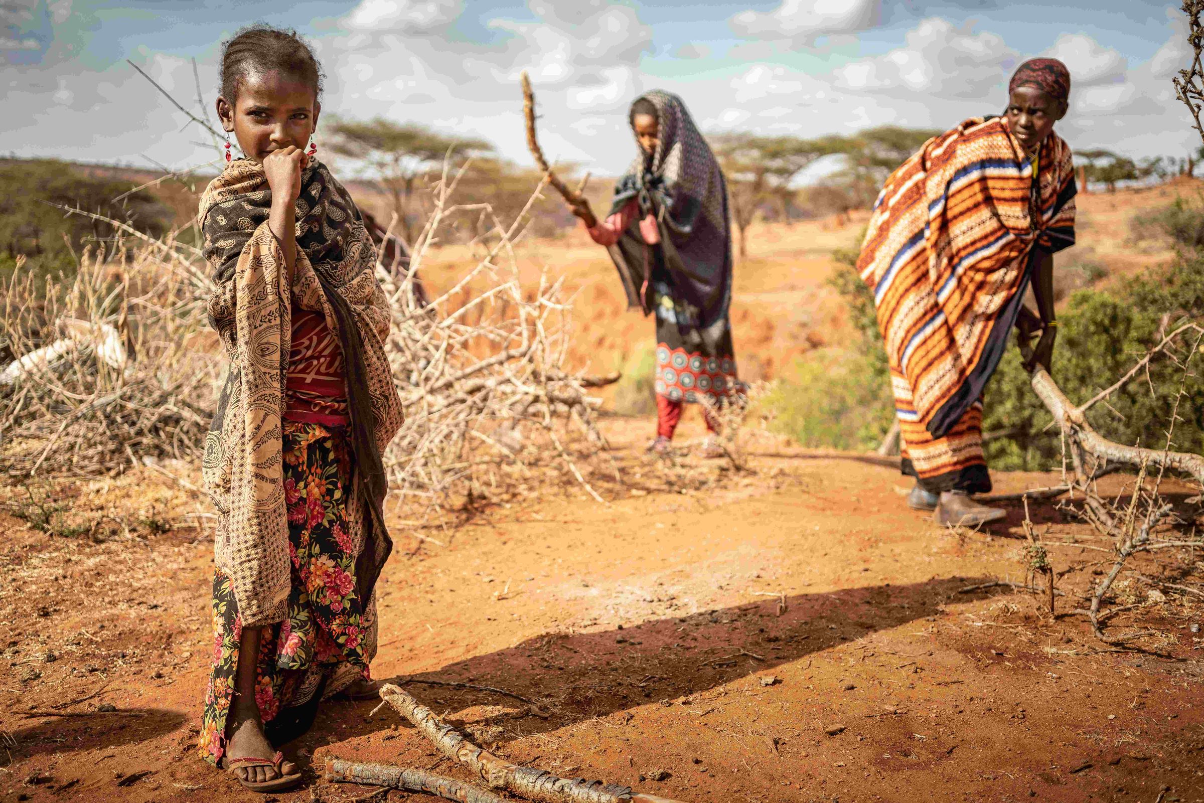 Ein Mädchen steht vor ausgetrockneten Ästen in Äthiopien. (Quelle: Jakob Studnar)