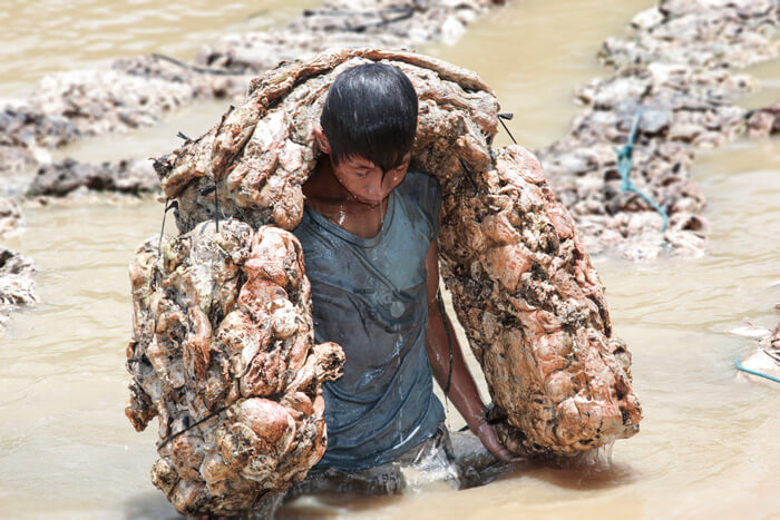 Ein Jugendlicher schleppt Kautschuk aus einen Fluss (Quelle: Christian Herrmanny)