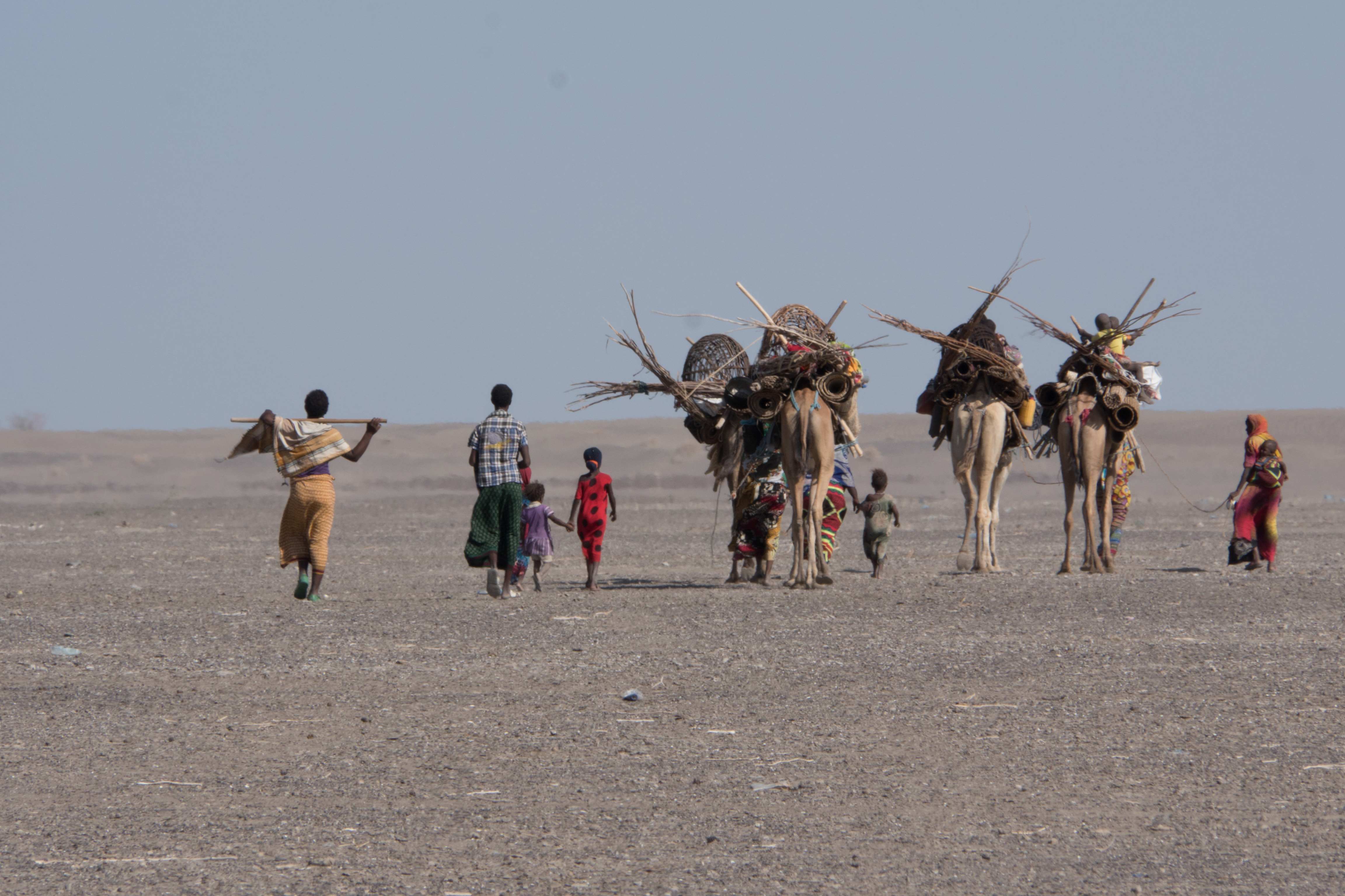 Drei beladene Kamele und eine Familie gehen nebeneinander in der Wüste vom Betrachter weg, sie tragen die mobile Schule auf ihrem Rücken.  (Bildquelle: Roland Brockmann)
