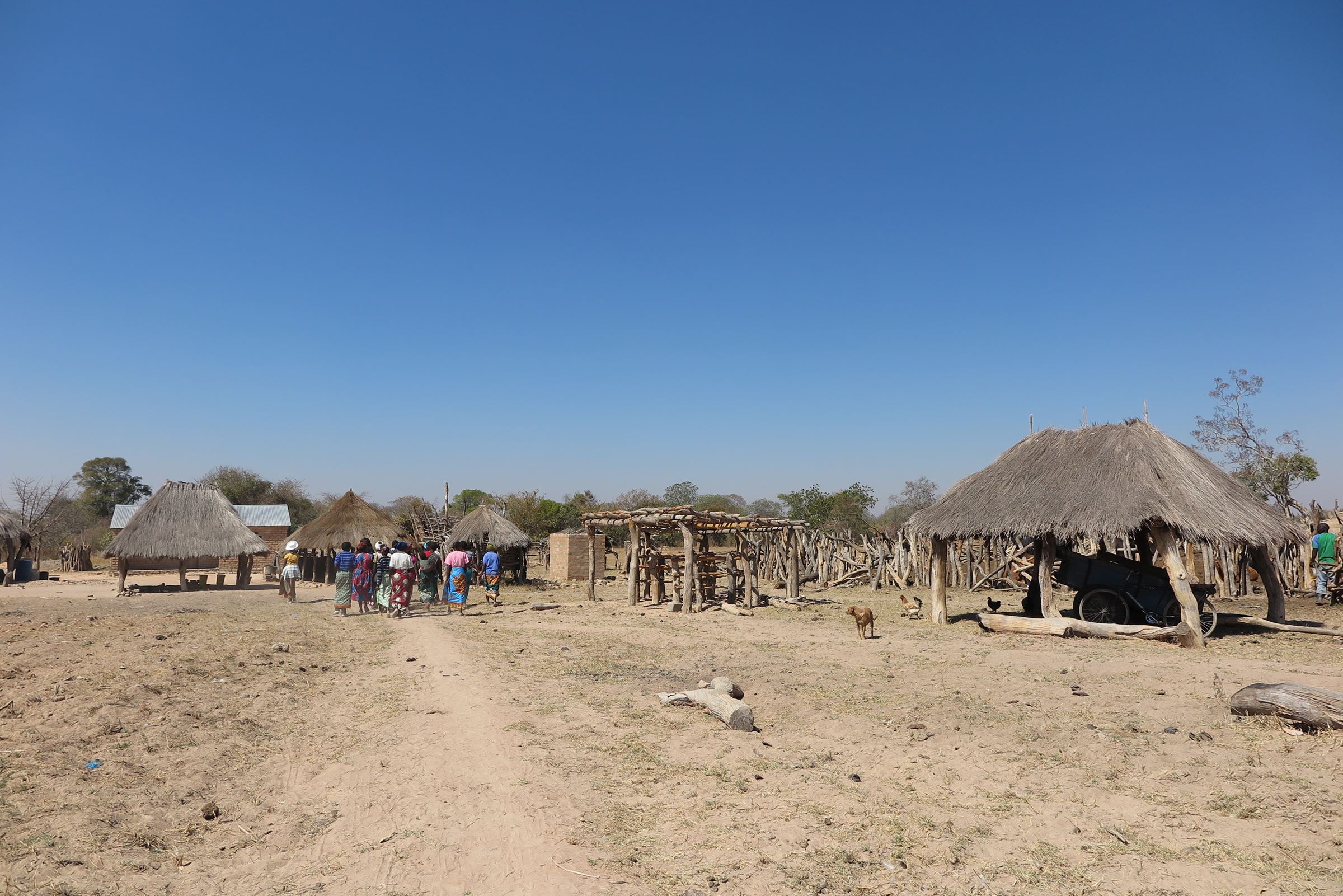 Eine staubtrockene Landschaft in Sambia. Im Hintergrund sieht man einfache Holzhütten eines Dorfes und eine Gruppe Menschen. (Quelle: Dorothea Schönfeld)
