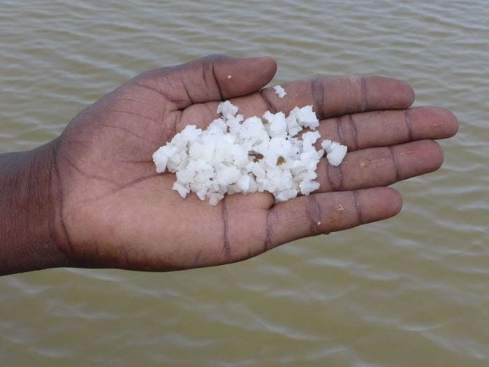 Reportage Haiti: Gute Nachrichten von der Salinen-Anlage; Foto: Großaufnahme Hand mit Salzkristallen (Quelle: Erhard Stückrath / Kindernothilfe)