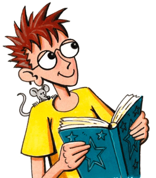 Zeichnung: Robinson mit Maus auf der Schulter und Buch in der Hand (Quelle: Peter Laux, Kindernothilfe)