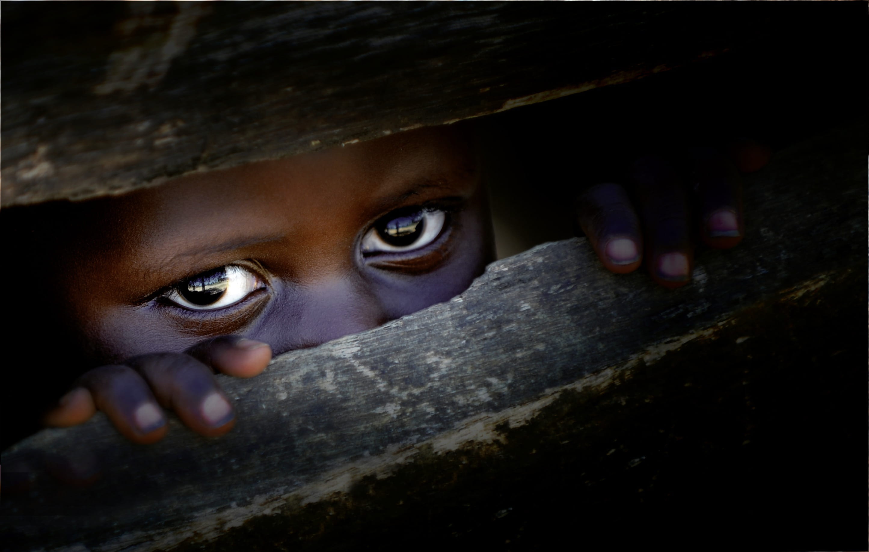 Die Augen eines kleinen Jungen blicken durch einen Zaun. (Quelle: Alexander Volkmann)